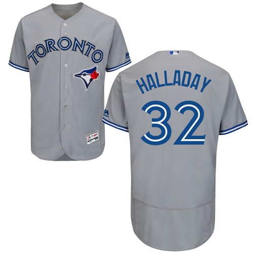 Men's Majestic Toronto Blue Jays #32 Roy Halladay Grey Road Flex Base Authentic Collection MLB Jersey